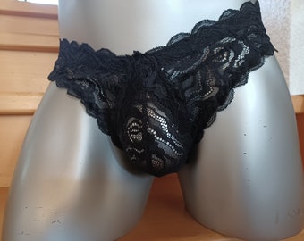 Herren Dessous Unterwäsche Sissy Slip elastische Spitze pechschwarz mit Bogenabschlusskanten Gr M Unikat