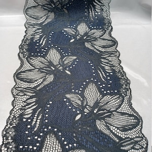 Elastic lace 1 m blue gray sold by the meter lace borders with bow end 22 cm