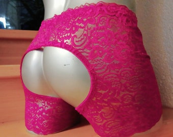 Herren Boxershorts open Butt po-offen Dessous Unterwäsche Lingerie Sissy elastische Spitze knall pink Gr S-XL Unikat