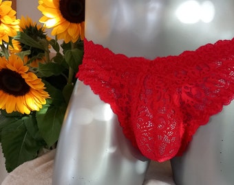 Men's briefs lace hipster thong panty lingerie underwear sissy elastic red