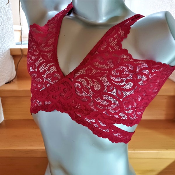 Herren Dessous Bustier BH Unterwäsche Sissy elastische Spitze himbeerrot 2-teiliges Top Shirt Unikat