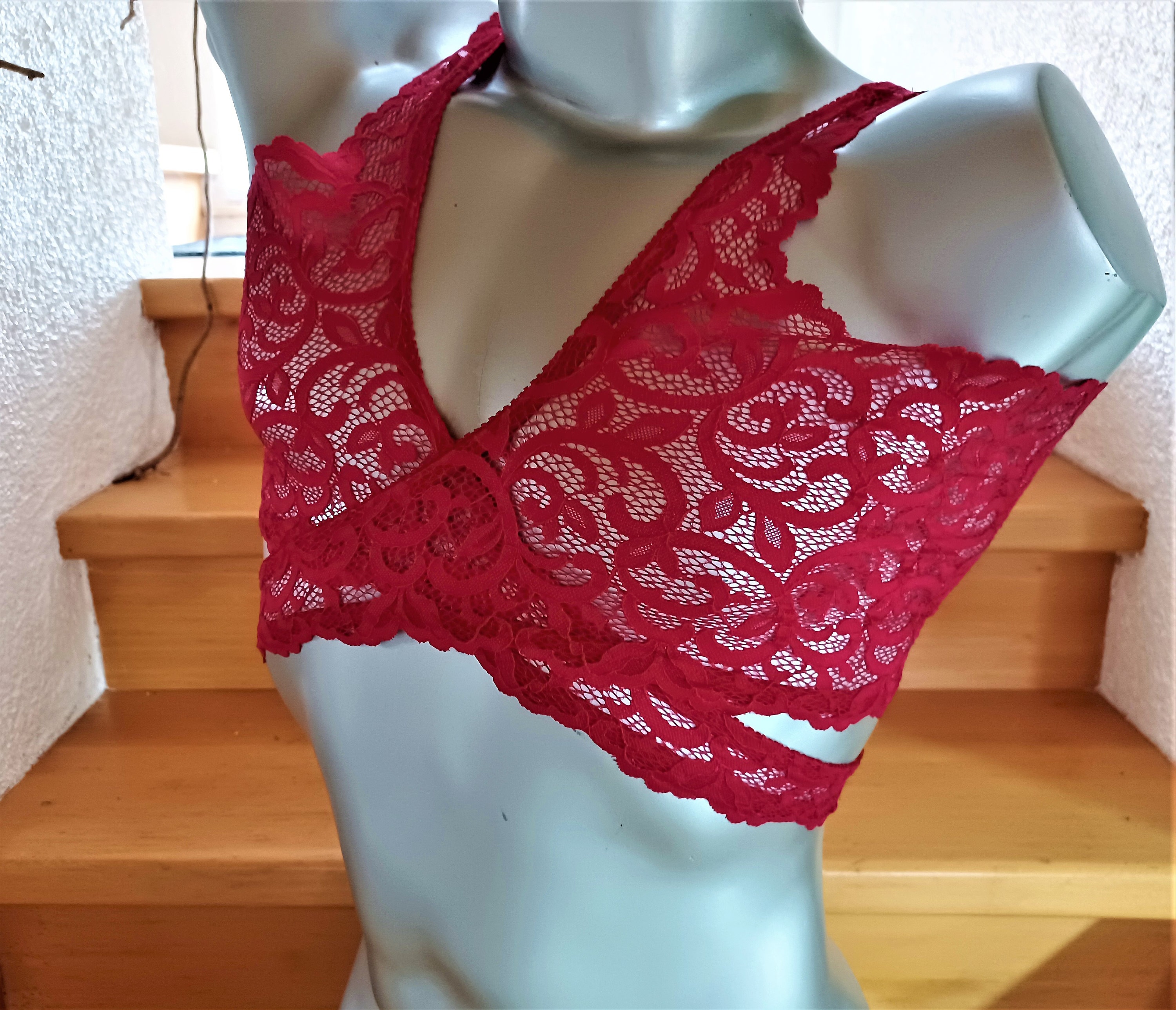Men's Lingerie Bustier Bra Underwear Sissy Elastic Lace Raspberry Red  2-piece Top Shirt Unique 