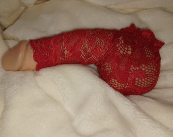 Penis sock red Willi-Pajamas elastic lace, transparent Sissy scrotum holder jewel bag scrotum handmade unique