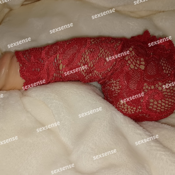Penis sock red Willi-Pajama elastic lace, transparent sissy ball sack holder jewel bag scrotum