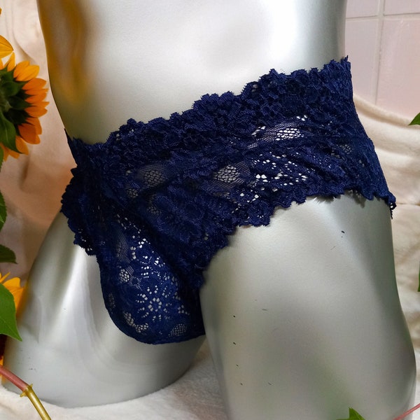 Men's briefs lace hipster thong lingerie underwear sissy elastic midnight blue with scalloped edges