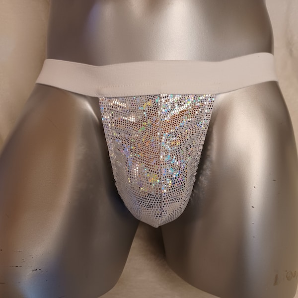 Badestring Herren Badehose Stretch Lycra weiß metallic Hologramm Front schmal Gummibund weich einfarbig  Unikat Gr M