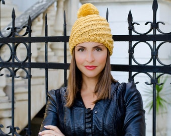 Yellow womens knit hat, womens pom pom hat, winter hats for women, chunky hat, crochet womens hat, womens beanies, womens caps, ladies hats