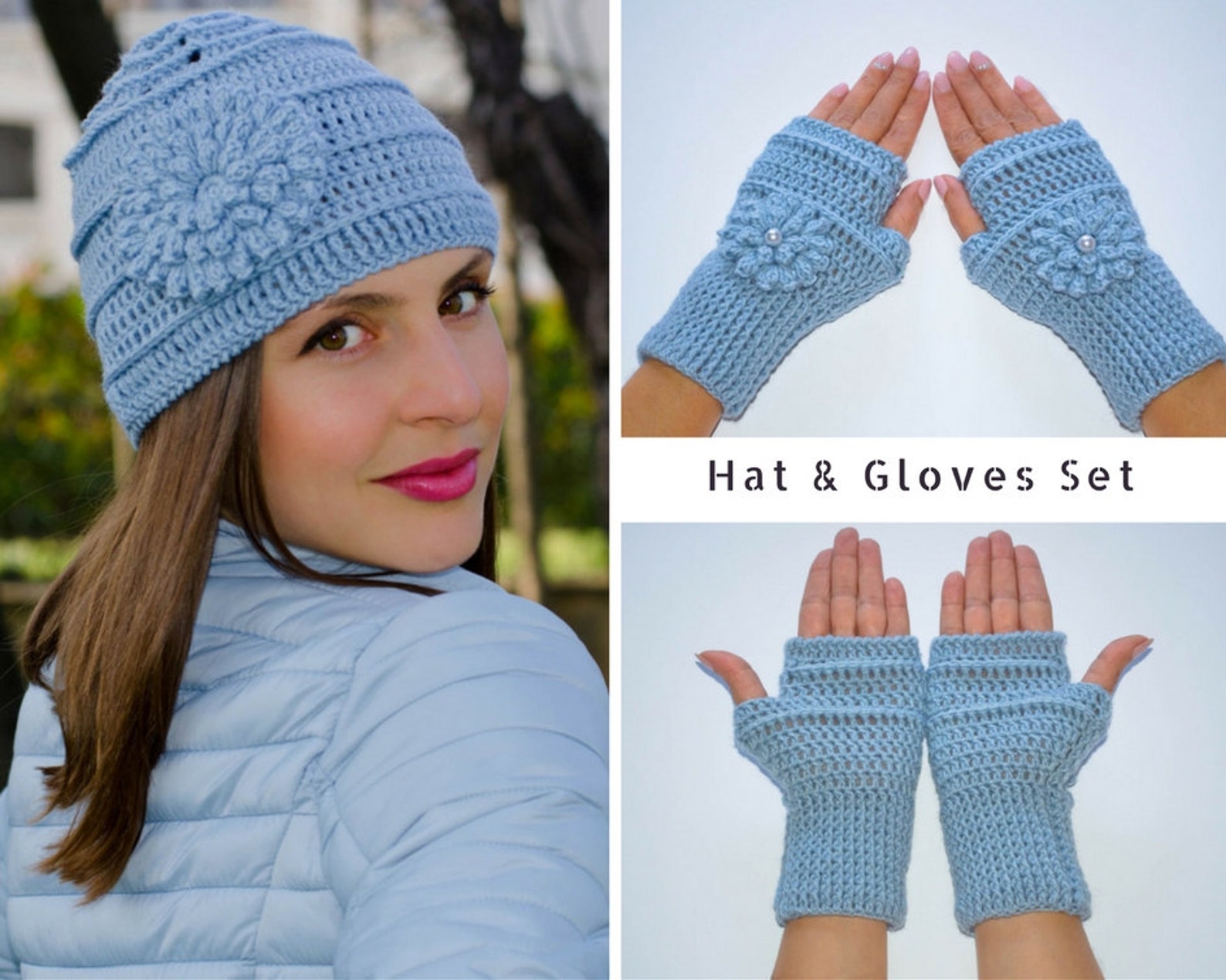 Hat and Gloves Set, Crochet Flower Hat, Fingerless Gloves, Knit Hat