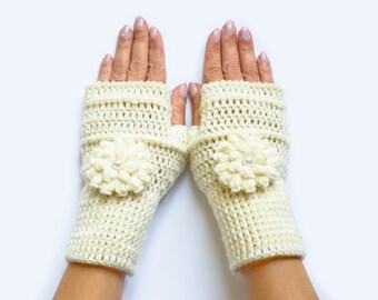 Fingerless gloves, knit gloves, crochet gloves, light cream gloves, fingerless mittens, womens gloves, winter gloves, flower gloves