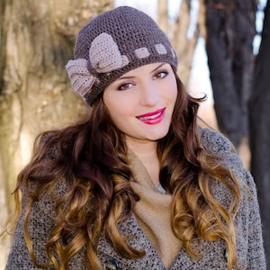 Hat with bow, crochet bow hat, womens beanies, hats for women, brown bow hat, knitted hats for women, winter hats for women, womens knit hat