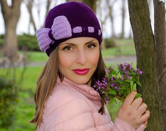 Hat with bow, winter hats for women, womens knit hats, womens beanies, hats for women, purple crochet bow hat, knitted hats for women