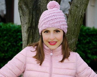 Light pink womens knit hat, womens pom pom hat, winter hats for women, chunky hat, crochet womens hat, womens beanies, knit hat with pom pom