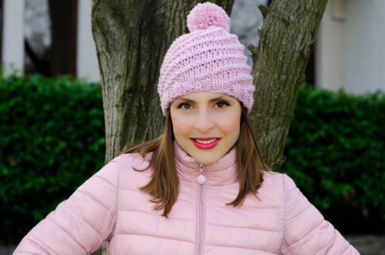 Light Pink Womens Knit Hat Womens Pom Pom Hat Winter - Etsy