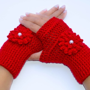 Red fingerless gloves, flower gloves, fingerless mitts, crochet gloves, womens gloves, knit gloves, winter gloves, ladies gloves