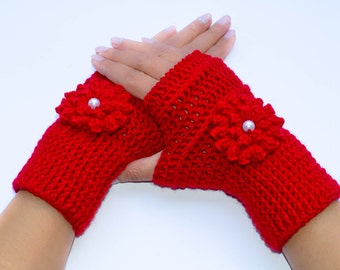 Red fingerless gloves, flower gloves, fingerless mitts, crochet gloves, womens gloves, knit gloves, winter gloves, ladies gloves