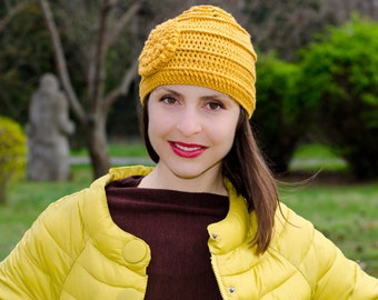 Knit hat with flower, mustard crochet flower hat, crochet womens hat, flower beanie, hats for women, knit winter hat, knit hats women