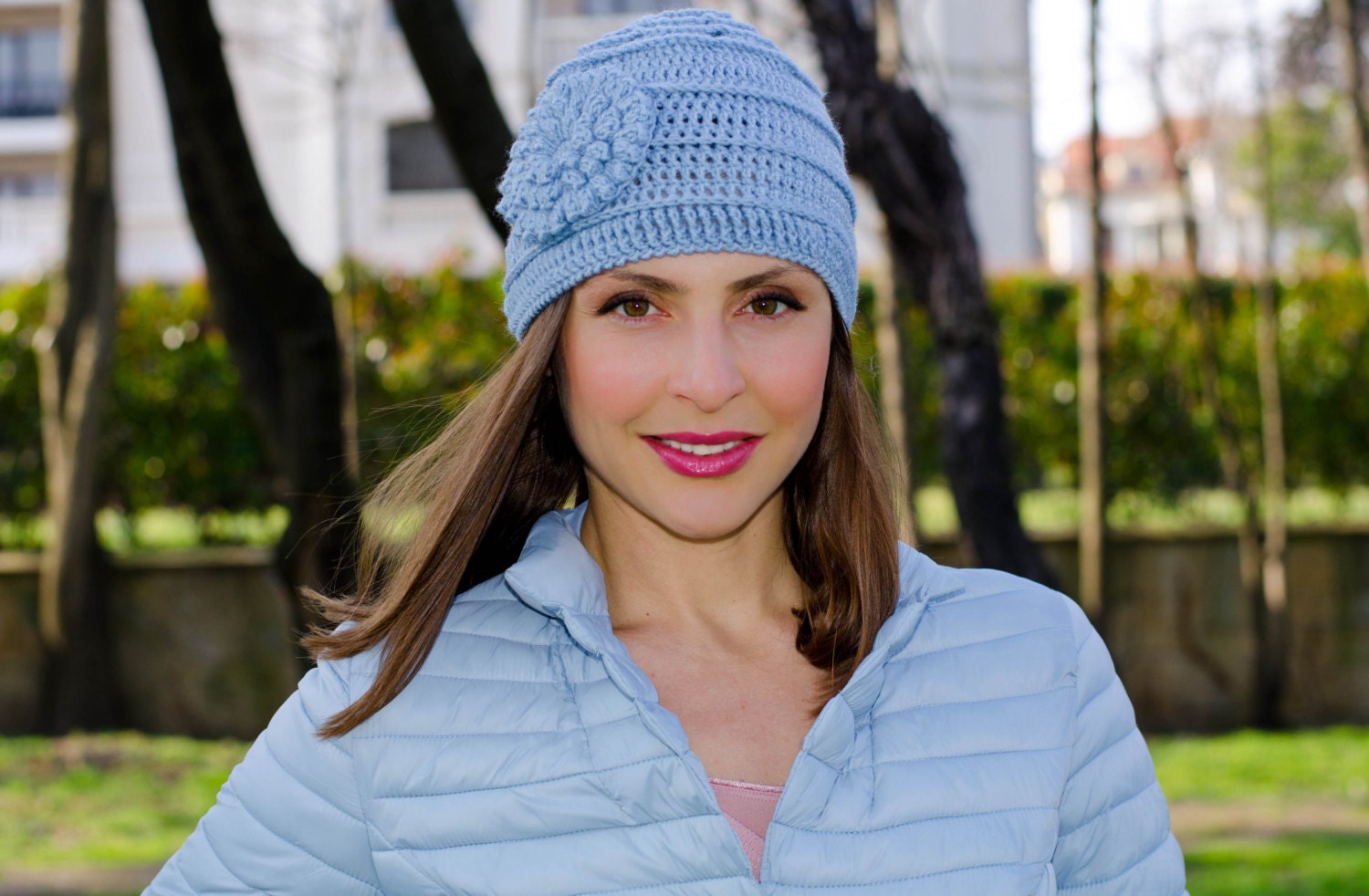 Light Blue Crochet Flower Hat Knit Hat 