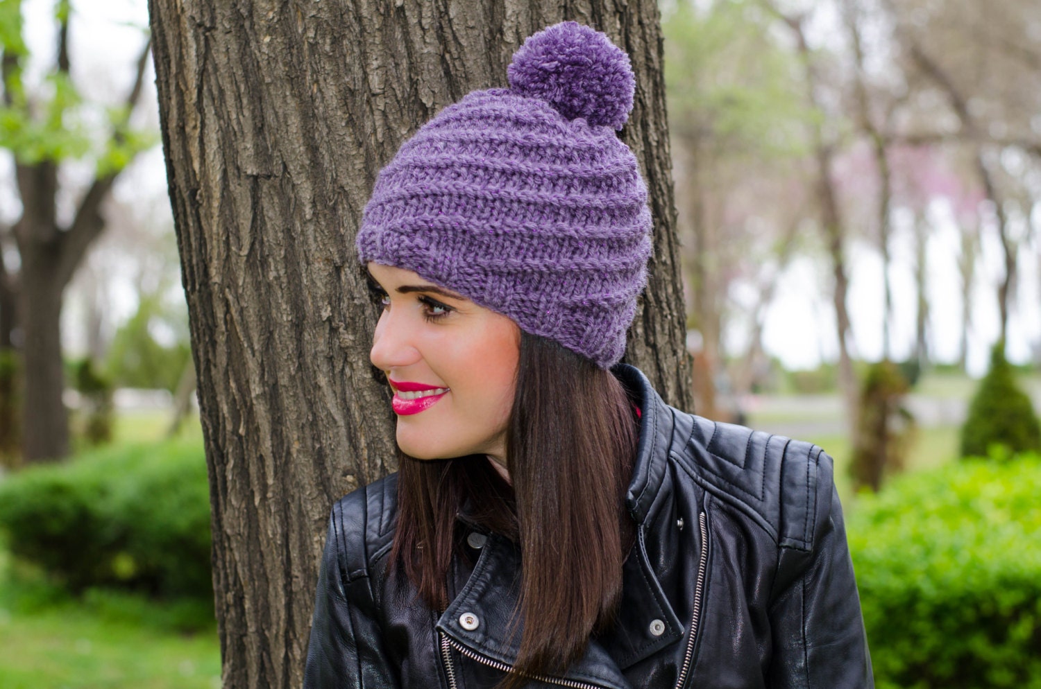 New Women's Handmade Knitted Beanie Hat Bernat Yarn Purple Sunset