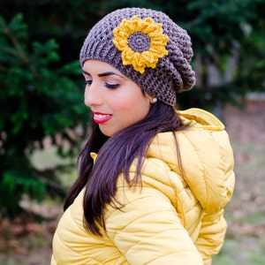 Sunflower hat, hat with sunflower, womens beanies, womens winter hat, winter beanie, crochet womens hat, womens knit hats, slouchy beanie image 3