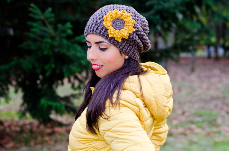 Sunflower hat, hat with sunflower, womens beanies, womens winter hat, winter beanie, crochet womens hat, womens knit hats, slouchy beanie image 3