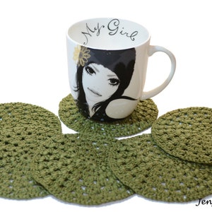 Green crochet coasters, handmade crochet doilies, crochet home decor, crochet table decor, coffee and tea decoration, drink crochet coasters