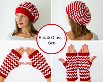 Hat and glove set, hat and mittens, fingerless gloves, fingerless mittens, womens gloves, womens beanies, womens winter hats, slouchy hat