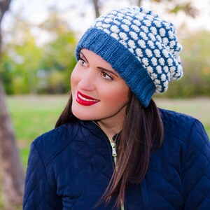 Beanie Mütze, Damenmütze, Damenmütze, Damenmütze, Wintermütze, Weiß und Blau, Gehäkelte Wintermütze, Wollmütze