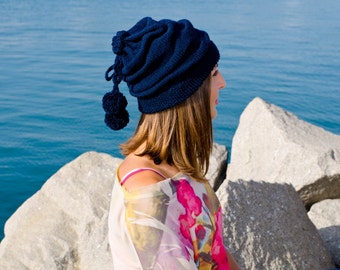 Navy blue slouchy beanie hat, winter hat, crochet womens hat, pom pom hat, hats for women, crochet beanie, womens knit hat, womens caps