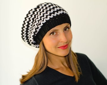 Black and white striped hat, slouchy beanie hat, womens beanies, womens winter hats, winter beanie, knit hats women,  womens crochet hat