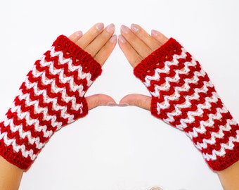 Crochet fingerless gloves, fingerless mittens, womens gloves, red and white gloves, winter gloves, fingerless mitts, hand warmers