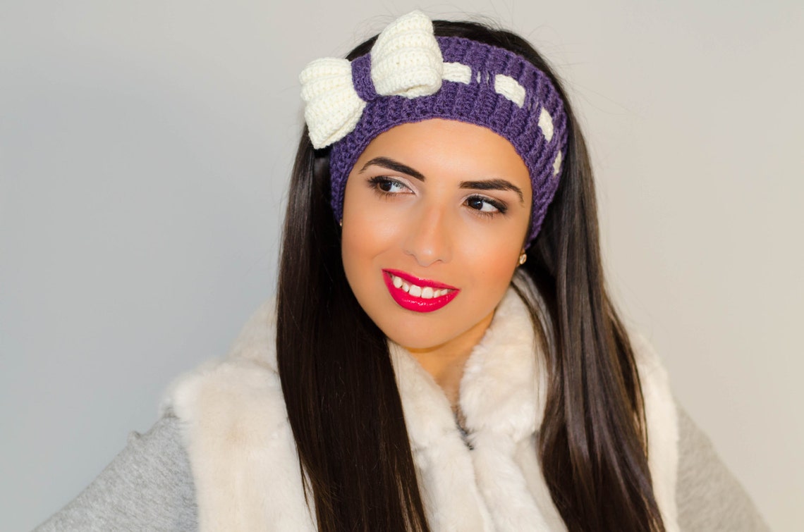 Purple Bow Headband, Womens Headband, Ribbon Headband, Crochet Bow