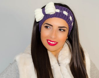 Purple bow headband, womens headband, ribbon headband, crochet bow headband, bow headwrap, headband with bow, winter ear warmer