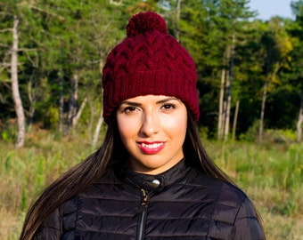 Claret womens pom pom hat, winter hat women, crochet womens hat, hats for women, womens knit hats, cable hat, chunky hat, womens caps