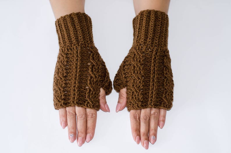 Brown gloves, fingerless gloves, fingerless mittens, knitted gloves, cable gloves, womens gloves, hand warmers, winter gloves, brown mittens image 3