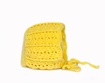 Yellow newborn girl bonnet, baby girl hospital hat, newborn baby girl hat, crochet baby bonnet, newborn bonnet, knit baby girl hat