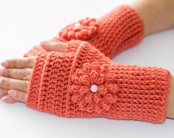 Flower gloves, fingerless gloves, knitted gloves, fingerless mittens, womens gloves, arm warmers, knit mittens, wool gloves, winter gloves