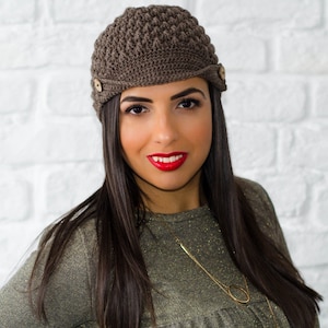 Crochet brim hat, visor hat, womens newsboy hat, peak hat, button hat, knit brimmed hat, knit hats women, womens winter hat, womens beanies