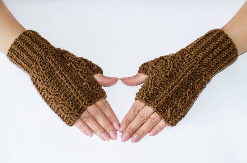Brown gloves, fingerless gloves, fingerless mittens, knitted gloves, cable gloves, womens gloves, hand warmers, winter gloves, brown mittens image 2