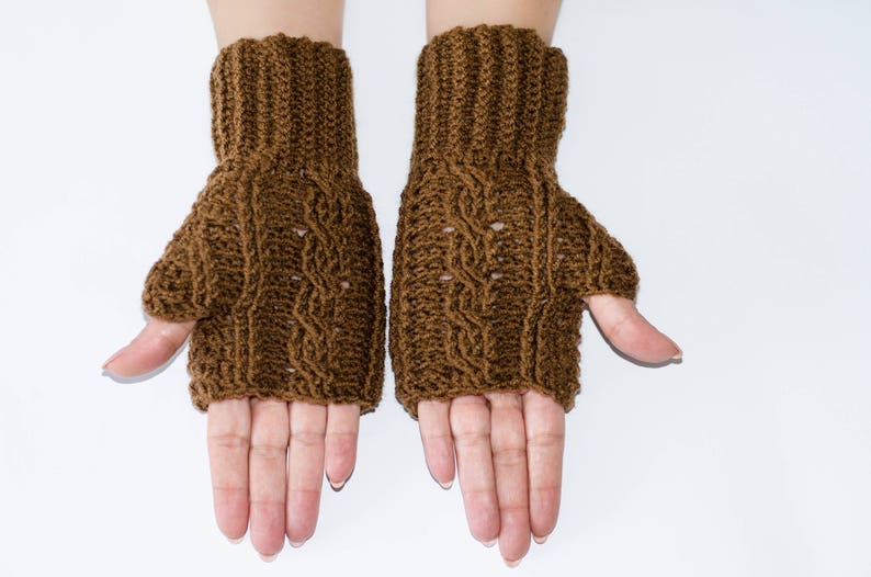Brown gloves, fingerless gloves, fingerless mittens, knitted gloves, cable gloves, womens gloves, hand warmers, winter gloves, brown mittens image 4