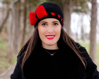 Black crochet bow hat, hat with bow, winter hats for women, womens beanies, hats for women, knitted hats for women, womens knit hats