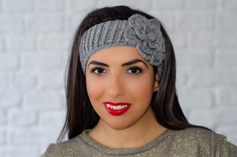 Grey Flower Headband, Womens Knit Headband, Winter Headband, Womens Ear