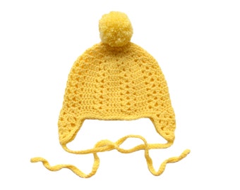 Crochet Yellow Baby Earflap Hat, Baby Aviator Hat, Baby Beanie Hat, Crochet Baby Hat, Baby Boy Hat, Knit Baby Hat, 3-6 months