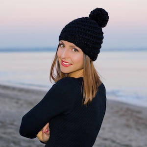 Black womens knit hat, womens pom pom hat, winter hats for women, chunky hat, crochet womens hat, black womens beanies, crochet pom pom hat image 1