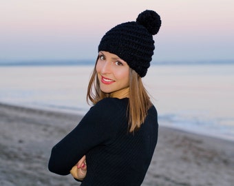 Black womens knit hat, womens pom pom hat, winter hats for women, chunky hat, crochet womens hat, black womens beanies, crochet pom pom hat