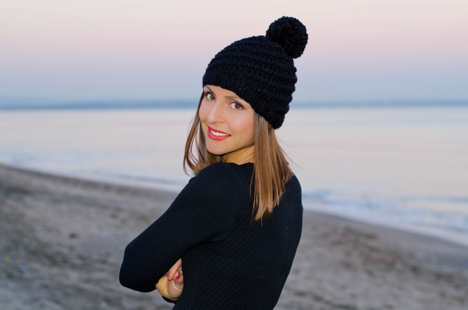 Black Womens Knit Hat Womens Pom Pom 