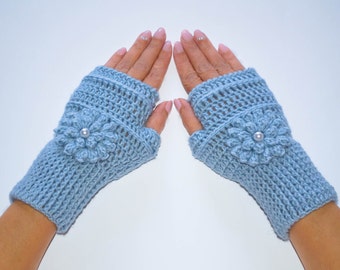 Light blue fingerless gloves, womens gloves, crochet fingerless gloves, fingerless mittens, knit fingerless gloves, hand warmers