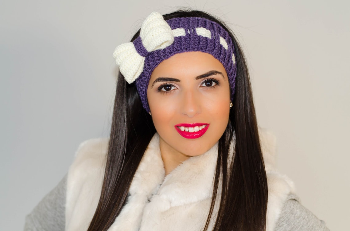 Purple Bow Headband, Womens Headband, Ribbon Headband, Crochet Bow