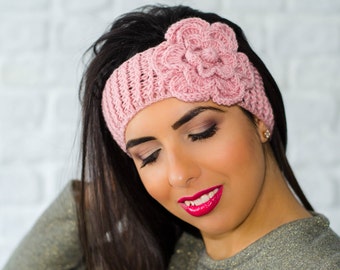 Pink flower headband, winter headband, womens ear warmers, winter head wrap, headband with flower, womens knit headband, crochet headband