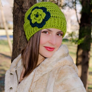 Green crochet flower hat, slouchy beanie hat, chunky hat, womens beanies, winter hat, knit hat with flower, hats for women, womens caps image 1