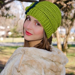 Green crochet flower hat, slouchy beanie hat, chunky hat, womens beanies, winter hat, knit hat with flower, hats for women, womens caps image 3
